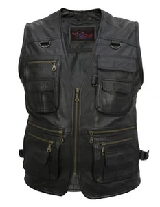 Men's Fishing Hiking Hunting Top Grain Cow Leather Waistcoat Vest Biker Sports - Picture 1 of 9