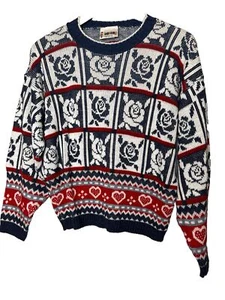Suéter Vintage Años 90’s Mujer Corazones Rosas Hecho en EE. UU. Estampado Azul Rojo - Imagen 1 de 7
