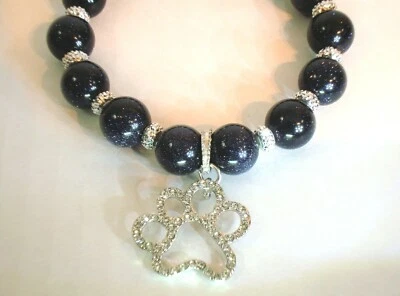 Blue Sandstone crystal spacer with prong set crystals paw, pet cat dog necklace - Image 1 of 4