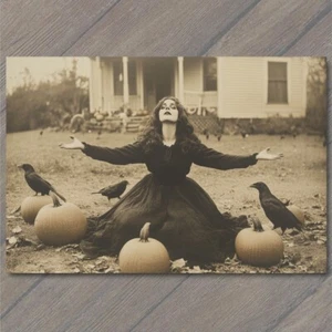 POSTCARD Halloween Witch with Pumpkins Yard Crows Gothic Attire Vintage Style - Picture 1 of 1