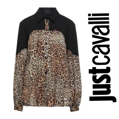 ¡Nuevo! NUEVO CON ETIQUETAS JUST CAVALLI Logo Bloque de Color Estampado Animal Camisa Abotonada Blusa S Foto 1 de 4