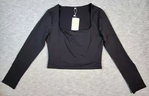 Square Neck Long Sleeve Cropped Top Slim Fit Womens Size Large Black - Picture 1 of 6