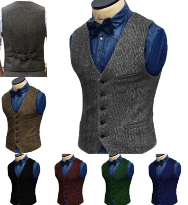 Hunting Mens Herringbone Wool Waistcoats Tweed Vest V-Neck Wedding Vintage Retro - Photo 1/4