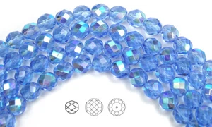 Czech Fire Polished Round Faceted Glass Beads in Light Sapphire AB coated, blue - Picture 1 of 4