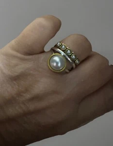 Museum Pearl Ring Size 8.5 Silver-gold Two Tone Bezel Brighton New Bezel Boho - Picture 1 of 5