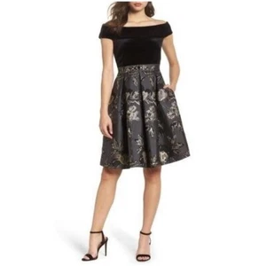 Eliza J Größe 8 schulterfreies festliches Damenkleid Samt Metallic bestickt - Bild 1 von 9