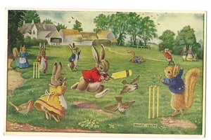 Racey Helps HIT FOR SIX BUNNIES SQUIRREL Play Cricket Bird Rabbits Postcard 1971 - Picture 1 of 2