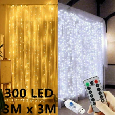 EBEYEXPRESS 300 LED Curtain Lights String 3m*3m USB Powered Waterproof Twinkle Wall Lights