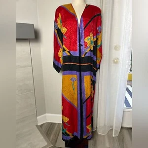 Vintage Mary McFadden Bright Abstract Print Kaftan Robe with Padded Shoulders - Picture 1 of 12