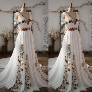 Vinatge Chiffon Wedding Dresses with Embroidery Florals V Neck Bridal Gowns - Picture 1 of 9