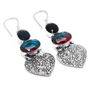 Bi-Color Tourmaline, Spinel Gemstone 925 Sterling Silver Jewelry Earring 2.36 " - Picture 1 of 5