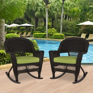Jeco Rocker Wicker Chair in Espresso with Green Cushion (Set of 2) - Picture 1 of 10