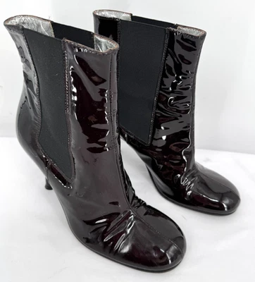 $1,450 Dolce & Gabbana Brown Patent Leather Heeled Ankle Boots Sz 38 Sz 7.5 US - Image 1 of 4