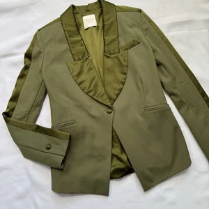 TWP Womens Blazer Two Tone Green Satin Trim Classic Career Power Statement Small - Picture 1 of 10