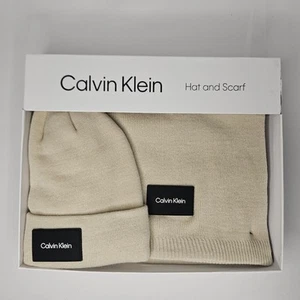 NEW! Calvin Klein Hat and Scarf Gift Box Set Beige Tan Cuffed Beanie Unisex OSFA - Picture 1 of 7