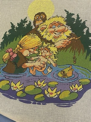 VTG needlepoint canvas  Troll Family Fishing Baby Bath Mom Dad   G3098  16 X  20 - Image 1 of 4