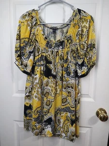 FANG Woman L Tunic Blouse Babydoll Yellow Black S/S Retro Hippie Casual - Picture 1 of 7