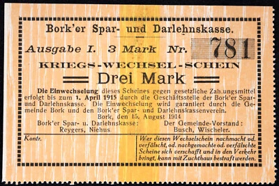 Notgeld alemán BORK 1914 3 marcos principios de la Primera Guerra Mundial Foto 1 de 2