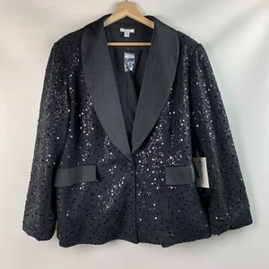 CATO Collection Jacket Black Sequin Collared 1-Button Lined Size 18/20W NEW - Picture 1 of 12