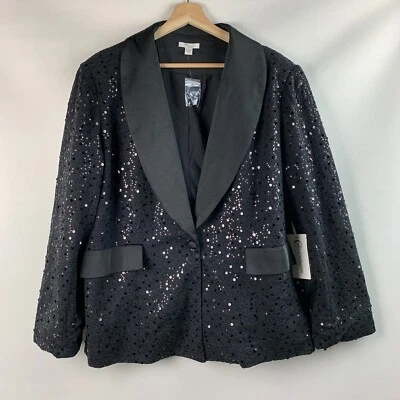 CATO Collection Jacket Black Sequin Collared 1-Button Lined Size 18/20W NEW - Image 1 of 4