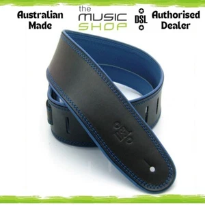 Aust Made DSL 2.5" GEP Rolled Edge Leather Guitar Strap, Black/Blue - GEP25-15-8 - Picture 1 of 1