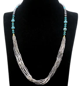 Gray Pearl, Blue Turquoise & Onyx Long-Necklace 30" Silver 925 Sterling - Picture 1 of 5