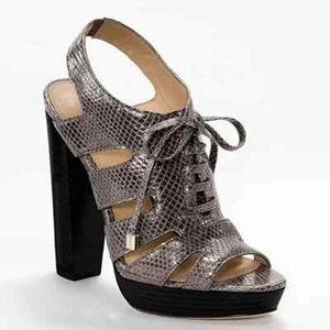 COACH MOREEN SILVER METALLIC SNAKE EMBOSS LEATHER LACES 5" BLOCK HEEL 6.5 M NEW - Picture 1 of 9