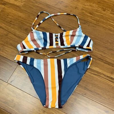 Damsel Striped Bikini Set Women Size Small/Large Criss Cross Back Swimsuit Beach - Image 1 of 4