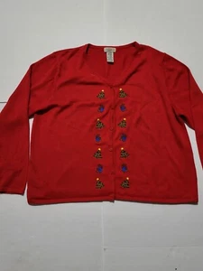 (#15) Vintage Yarn Works lange rote Strickjacke Staubtuch mit Weihnachtsbäumen Damen XL - Bild 1 von 5
