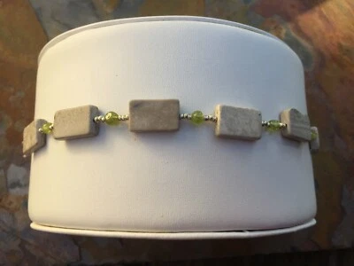 Handmade Bracelet of Gray and Cream Marble and Green Peridot Round Stone Beads - Image 1 of 3