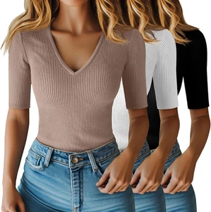 3 Pack Women'S Half Sleeve Top Elbow Length Ribbed Cotton T Shirt Women V Neck S - Picture 1 of 26