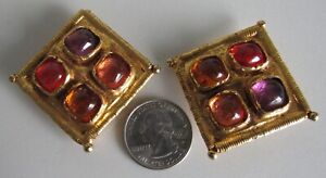 VINTAGE CHRISTIAN LACROIX GOLD PLATED SQUARE GRIPOIX CLIP EARRINGS 1 1/2" SIGNED