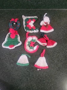 8 Vintage Yarn Christmas Ornaments Handmade Knit Crochet - Picture 1 of 5