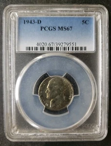 1943 D 5c Jefferson Silver War Nickel PCGS MS67 - Picture 1 of 4