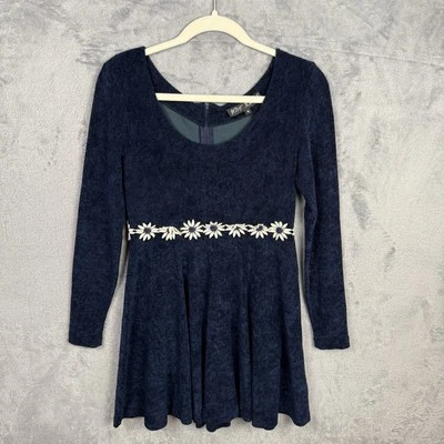 Vestido De Colección Betsey Johnson Terciopelo Azul Margarita Manga Larga Mediano Retro Años 80 Ditzy Foto 1 de 4