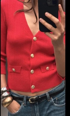 Zara Ribbed Knit Sweater Cardigan Womens S Red Gold Button Festival Retro 90s#25 - Image 1 of 4
