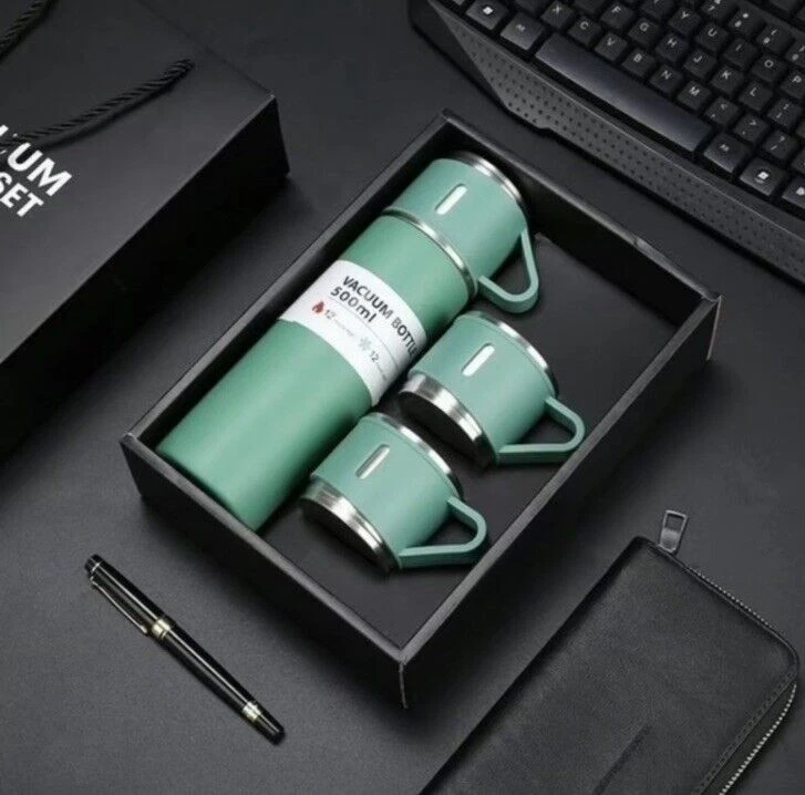 THERMOS Vacuum Insulated Flask Gift Set Stainless Steel Thermal Bottle 3 Cups Green Gift