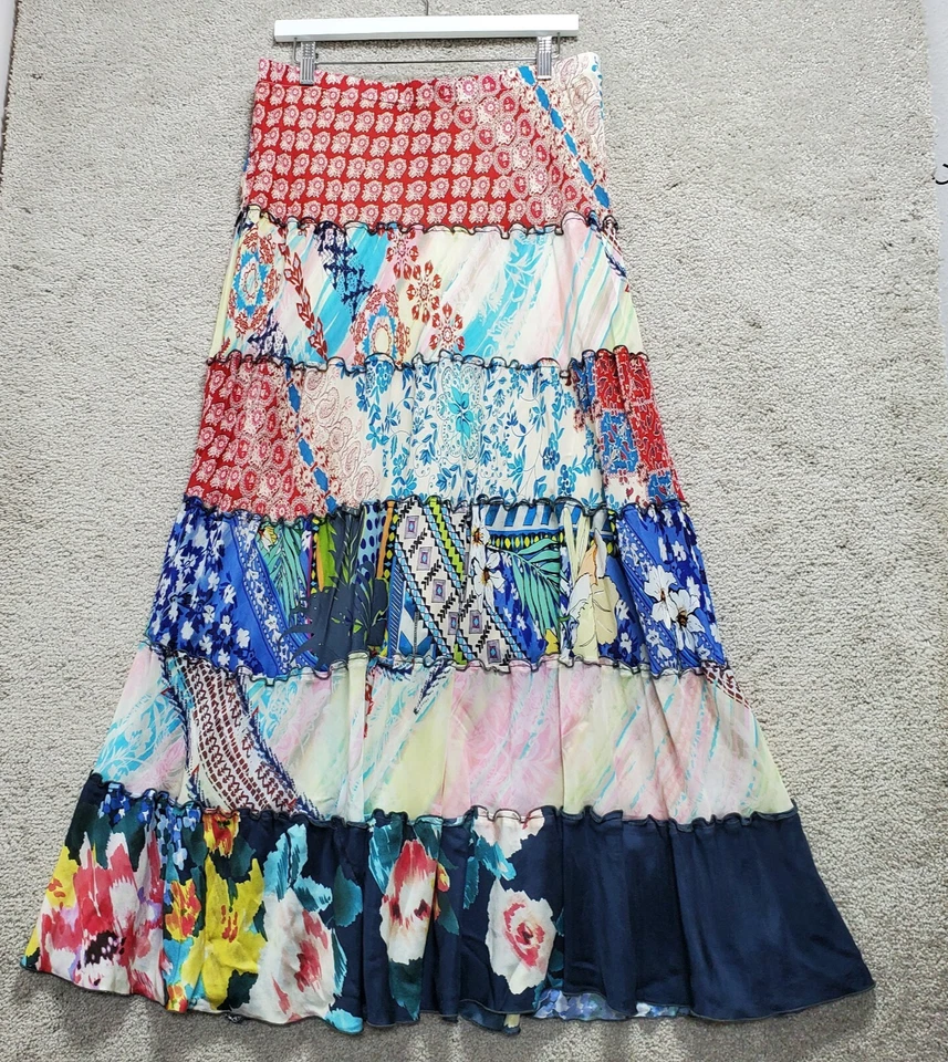 Maxi Falda Johnny Was Mujer M Multi Parche Floral Trabajo Boho Gitana Seda En Niveles Foto 1 de 4