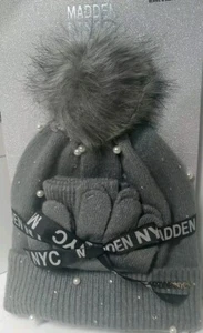 Madden NYC Women's Faux Rhinestone  Beanie And Gloves, 2-Piece Gift Set Gray - Picture 1 of 3