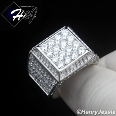 男式纯色 925 纯银 ICY BLING BAGUETTE CZ 3D 方形戒指*SR235 — 第 1/4 张图片