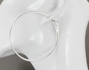Silver hoop earrings thin skinny hoops 2.25" wide 2mm wire leverback medium size - Picture 1 of 8