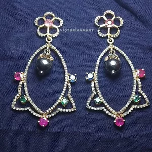 925 Sterling Silver Ruby Emerald Diamond Earring Elegant Dangle Fine Jewelry - Picture 1 of 7