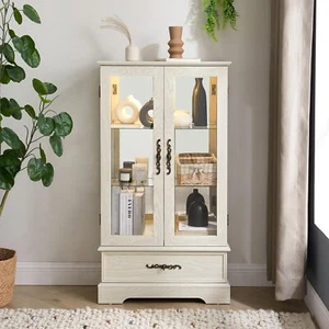 2 Doors Glass Cabinet Lighted Glass Cabinet,Retro Curio Display Cabinet w/Drawer - Picture 1 of 54