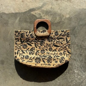 Antik Kraft Beuteltasche Damen Strand schwarz Blumen Jute doppelter Holzgriff - Bild 1 von 10