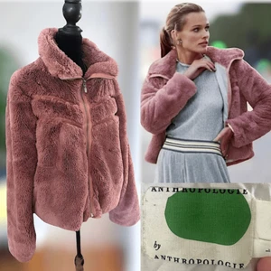 Anthropologie Faux Fur Jacket Teddy Bomber Chevron Detail Size L - Picture 1 of 16