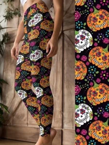 Pumpkin Sugar Skull Halloween DAY OF THE DEAD Women's Leggings OS One Size 2-12 - Picture 1 of 4
