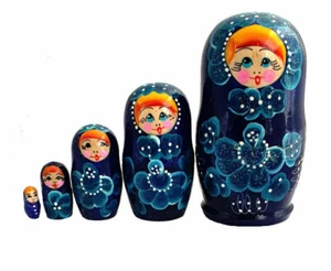 RUSSISCHE STECKPUPPEN DUNKELBLAU HANDBEMALT VON POROLEVA / 5 STÜCK - Bild 1 von 2
