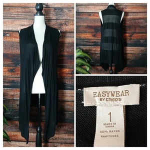 Chicos Easywear Vest Size 1 Medium Black Open Long Flowy Boho Rayon Cardigan - Picture 1 of 9
