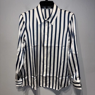 Блузка Ravella Monaco 100% чистый шелк на пуговицах темно-синяя полоса классическая роскошь S/4 - Изображение 1 из 4