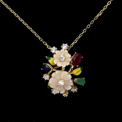 925 Sterling Silver Necklace Oval Ruby 6x4mm Emerald Gemstone Enamel Flower 17.5 - Image 1 of 4